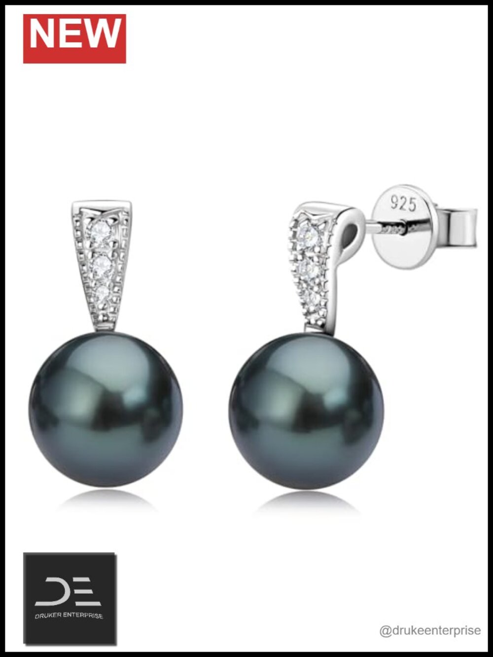 Sterling Silver Tahitian Black Pearl Stud Earrings 18K White Gold Plated